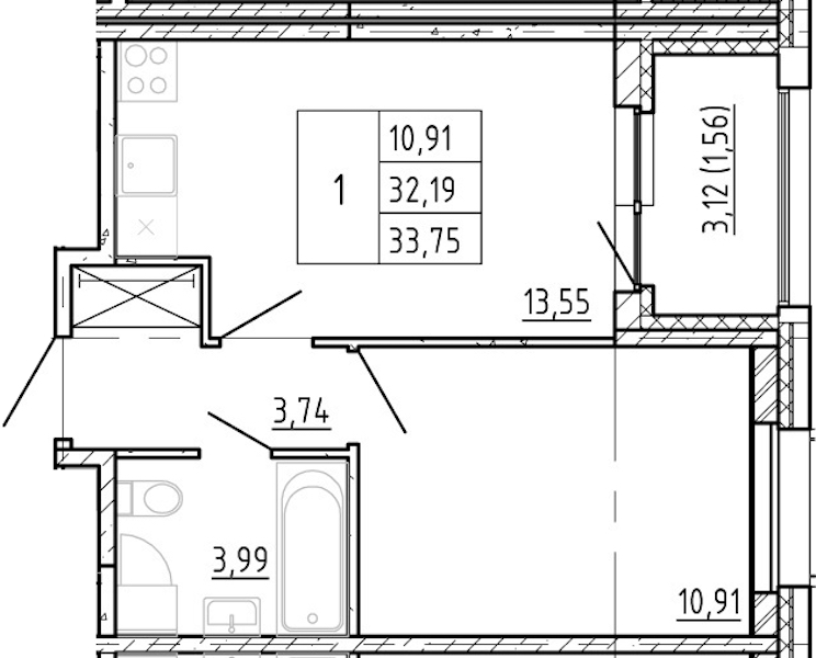 1-комнатная квартира 32.19 м², 2/12 эт., ЖК «Полис Новоселье»